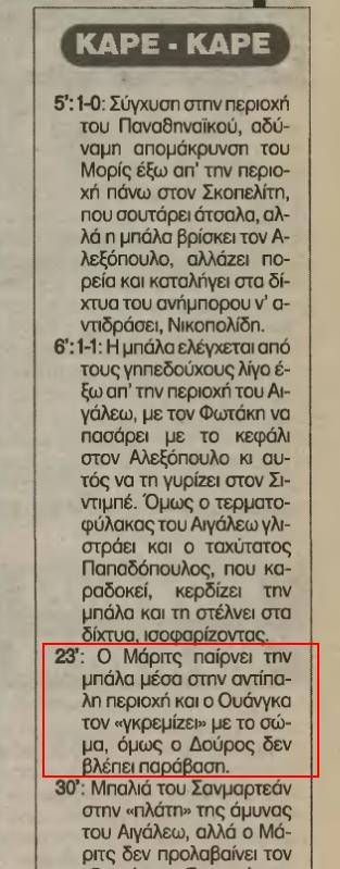 Απόκομμα εφημερίδας για το Αιγάλεω - Παναθηναϊκός 2-1